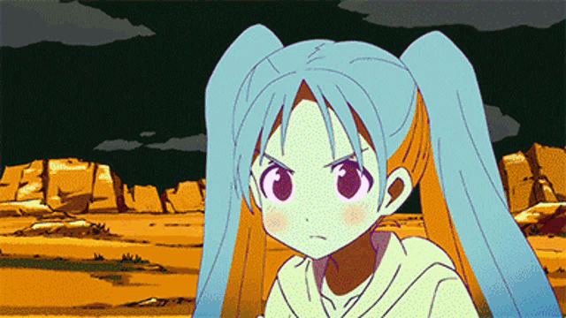 a cartoon drawing of a girl with blue hair and orange ears