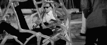 a man wearing sunglasses sits in a chair made of tree branches