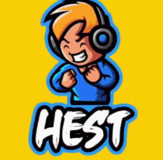 a cartoon character wearing headphones and the word hest on a yellow background