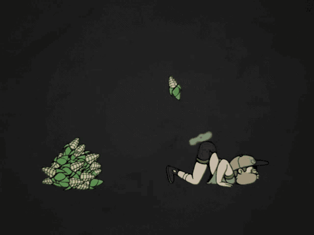 a cartoon of a man laying on the ground next to a pile of corn cobs