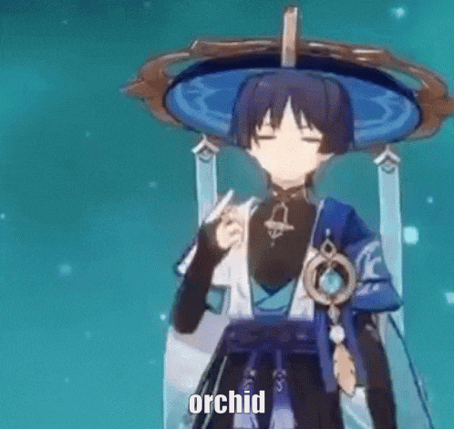a cartoon character is sitting on a chair with his eyes closed and the word orchid written on his face .