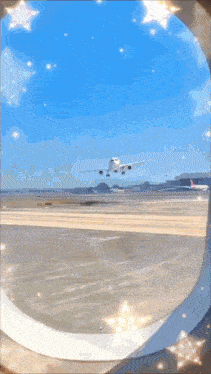 an airplane is taking off from an airport runway with stars in the background