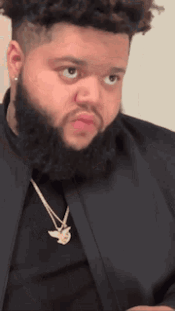 a man with a beard is wearing a black jacket and a necklace