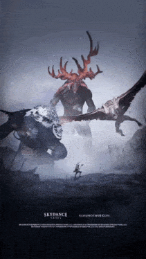 a poster for a video game called skydance shows a man fighting a monster