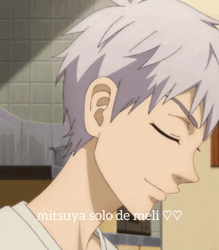 a close up of a person 's face with the words mitsuya solo de meli written above it
