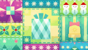 a christmas quilt with a gift box and snowmen on it
