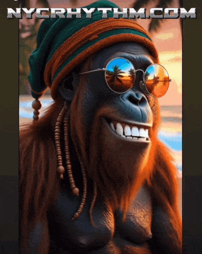 a monkey wearing sunglasses and a rasta hat with nycrhythm.com written on the bottom