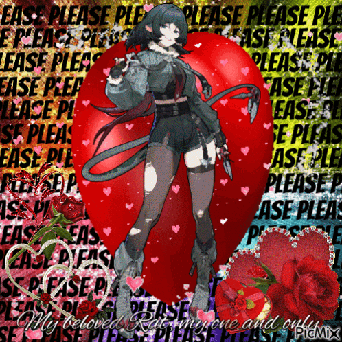 a picture of a girl with a heart and the words please please please please please