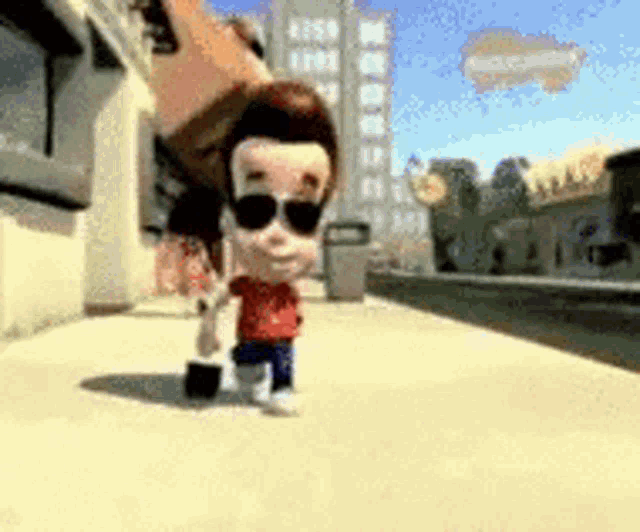 a cartoon character wearing sunglasses is walking on a sidewalk