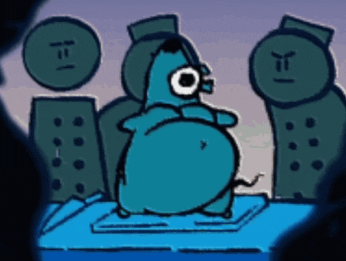 a cartoon character with a big belly is standing on a blue surface