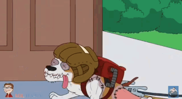 a cartoon of a dog wearing a helmet is being pulled by a man in a suit