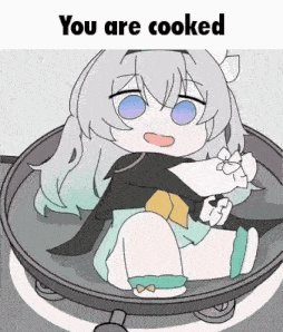 a cartoon girl is sitting in a frying pan with the words `` you are cooked '' written above her .