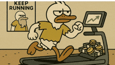 a cartoon of a duck running on a treadmill with a keep running sign behind him