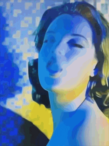 a painting of a woman 's face with a blue background