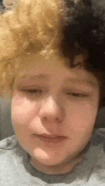 a close up of a person 's face with curly hair and a gray shirt .