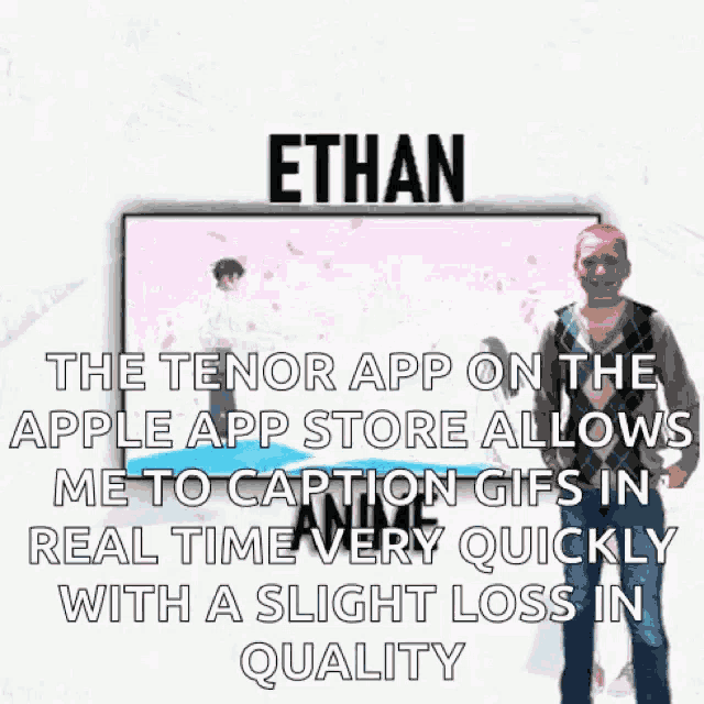 a man standing in front of a tv with the name ethan on the top