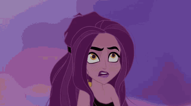 a cartoon character with purple hair has a purple background
