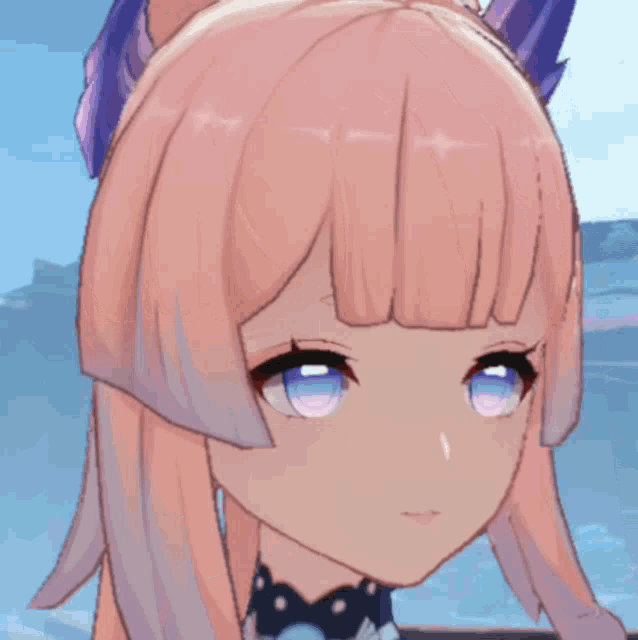 a close up of a cartoon character 's face with pink hair and blue eyes