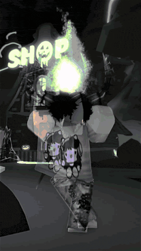 a cartoon character is standing in front of a shop sign