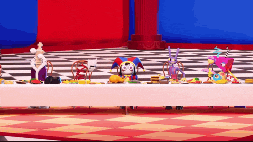 a table with a bunch of toys on it including a jester
