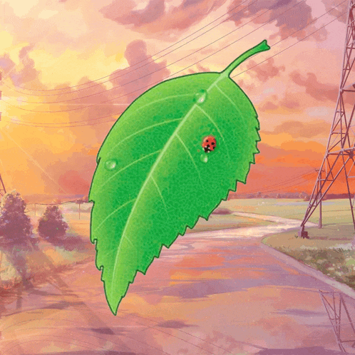 a ladybug is sitting on a green leaf in a painting