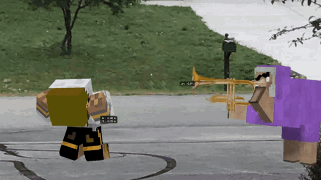 a purple sheep is playing a trumpet next to a minecraft character