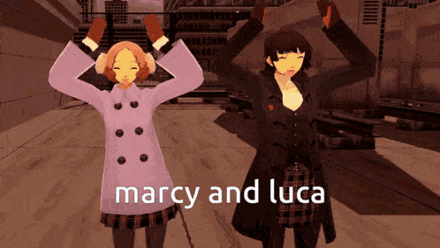 two anime girls are dancing with the words marcy and luca written on the bottom