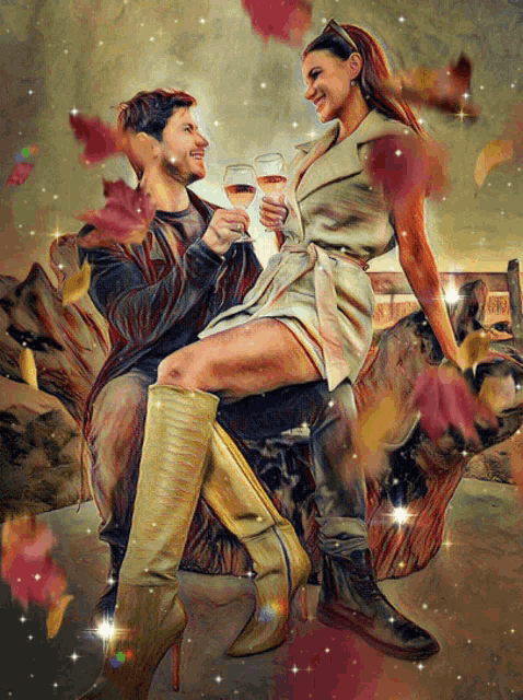 a painting of a man and woman sitting on a bench drinking wine
