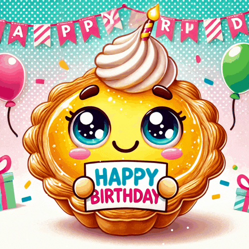 a cartoon illustration of a cake holding a happy birthday sign