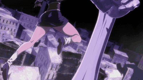 a woman in a black skirt and white boots is running in a city