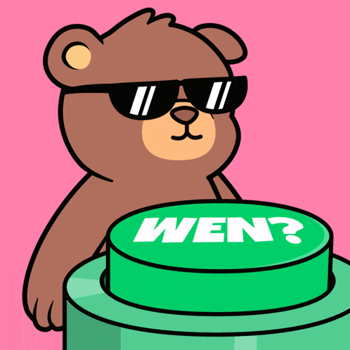 a brown teddy bear wearing sunglasses is pressing a green button that says wen