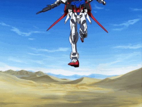 a robot is flying through the air with a rifle