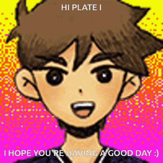 a cartoon of a boy with the words `` hi plate i hope you 're having a good day ''