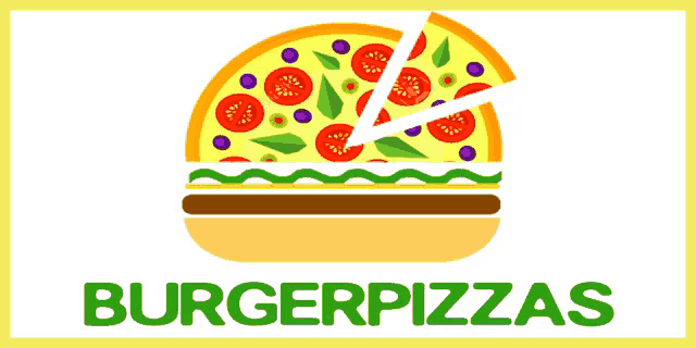 a burger with a slice taken out of it and the words burgerpizzas below it