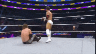 two men are wrestling in a ring with the word aew on the bottom