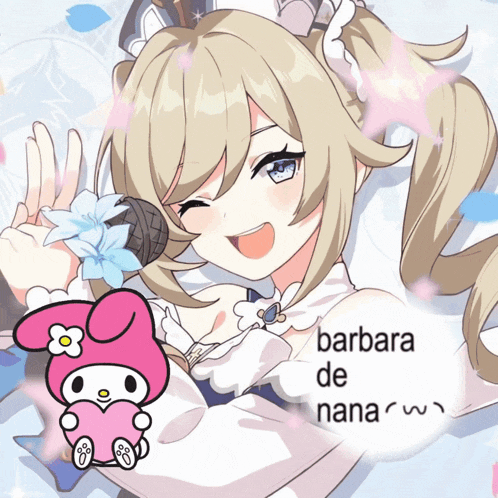 a picture of a girl with a microphone next to a hello kitty