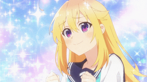 a girl with blonde hair and purple eyes is surrounded by glitter