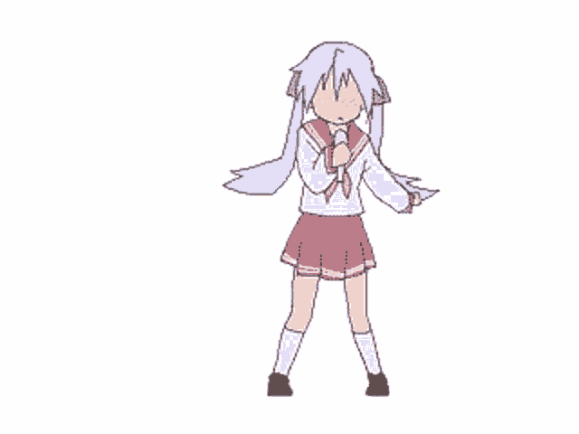 a cartoon of a girl with purple hair and a white shirt