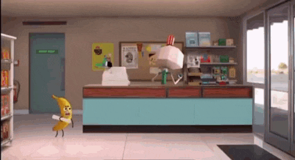 a cartoon character is standing in front of a store counter