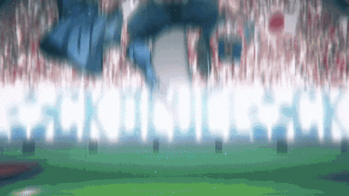 a blurred image of a soccer field with the word famous on the bottom