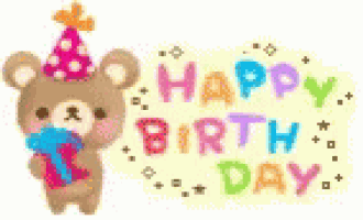 a teddy bear wearing a party hat is holding a gift and says `` happy birthday '' .