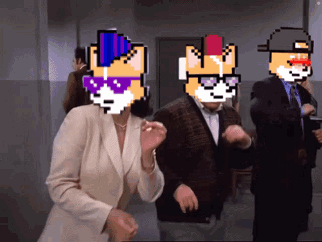 a group of people are dancing in a hallway with pixelated faces
