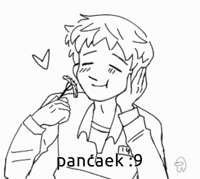 a black and white drawing of a boy with the name pancaek written on the bottom right