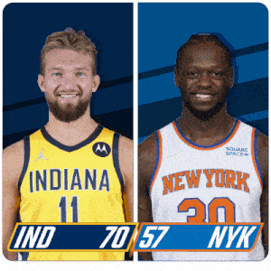 two basketball players from indiana and new york are standing next to each other