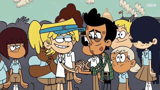 a group of cartoon characters are standing in front of a sign that says nick on it