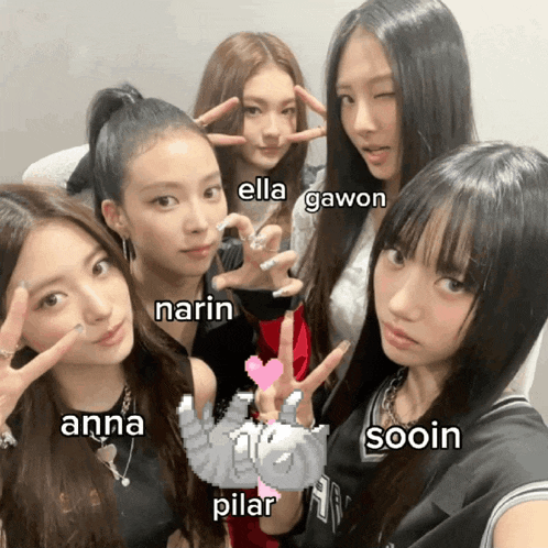 a group of girls posing for a picture with the names anna pilar and soon written on the bottom