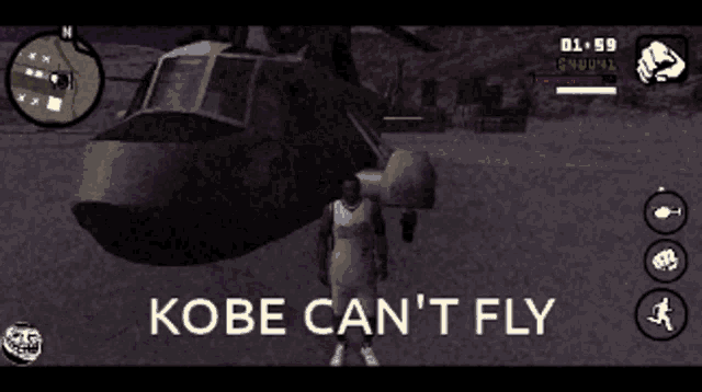 a screen shot of a video game with the words " kobe can 't fly " on it