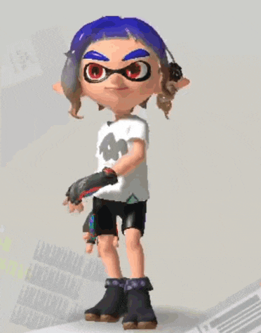 a cartoon character is wearing a white shirt that says " splatoon " on it