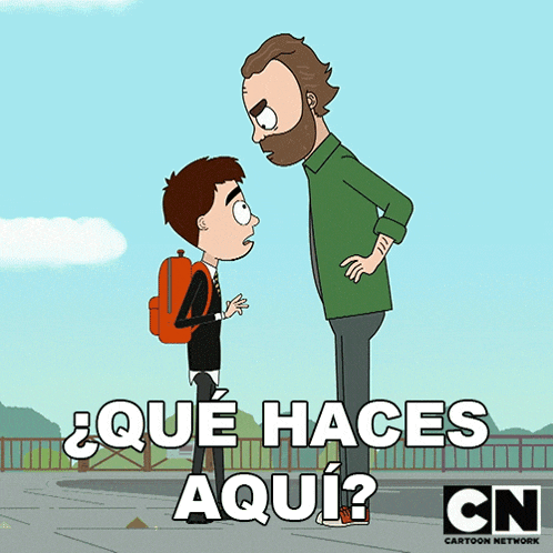 a cartoon of a man standing next to a boy with the words que haces aqui below him