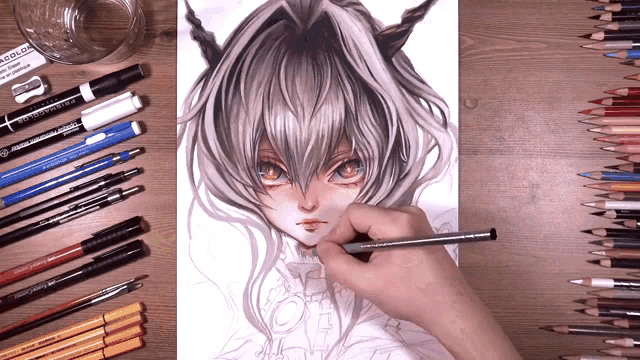 a drawing of a girl is being drawn with a prismacolor pencil